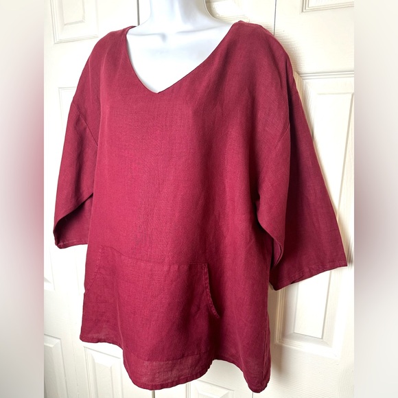 BRYN WALKER Judy Tunic Top Shirt Blouse 100% Linen Burgundy Kangaroo Pocket - Picture 2 of 14